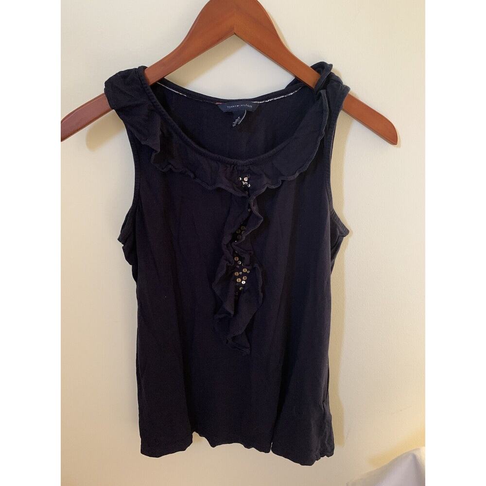 Tommy Hilfiger Tank Blouse Womens M Dark Blue Ruffle Gold Sequin Round Neck